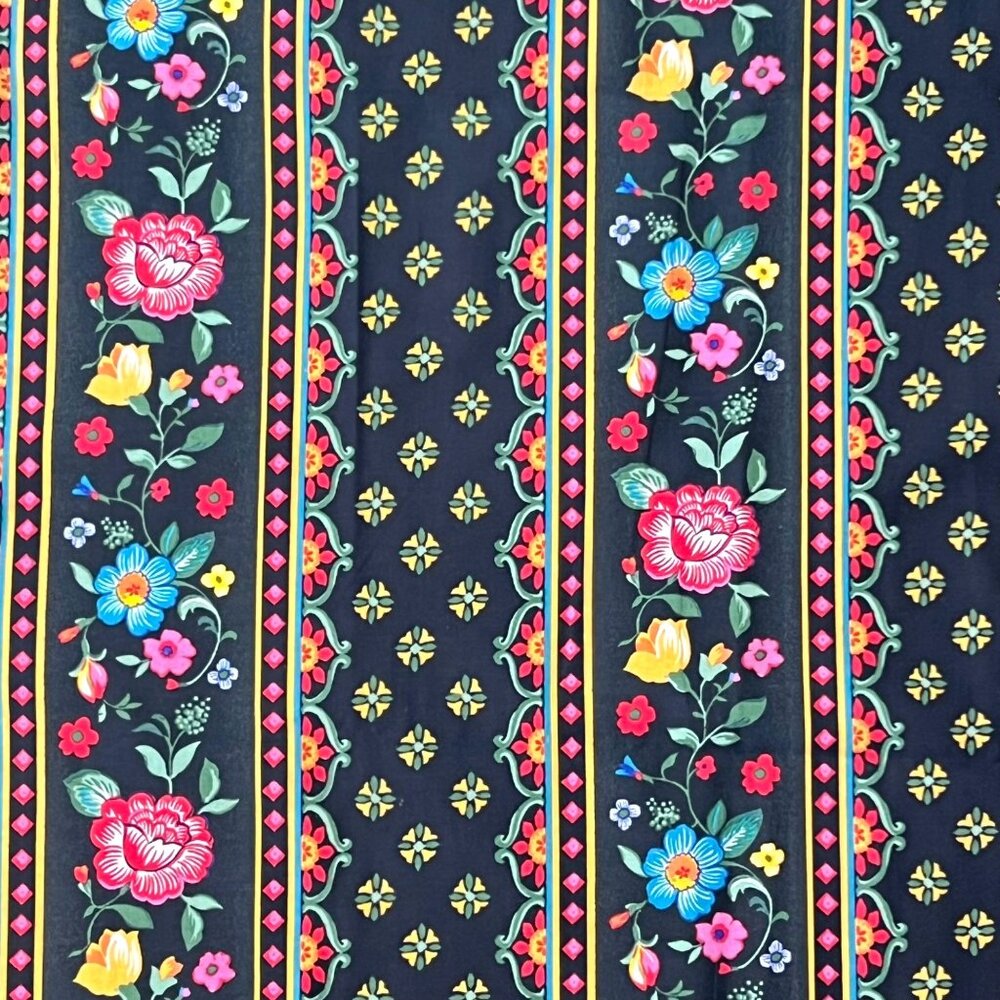 Vintage Floral Striped Fabric Multi-Color On Black Hippy Boho‎ Sew Quilt 1 Yard